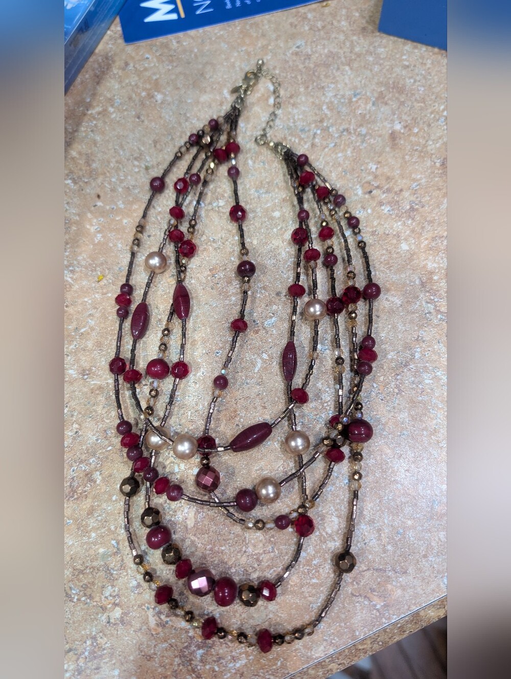 Lia Sophia 5 Strand Beaded Necklace In Burgandy Red And Gold - Picture 2 of 4
